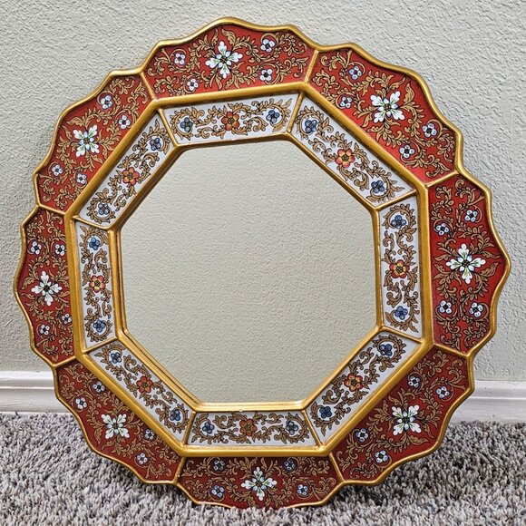 Ornate Octagonal Mirror Reverse Painted Red Floral & Gold Detailing Peru *Chips* - Picture 1 of 16